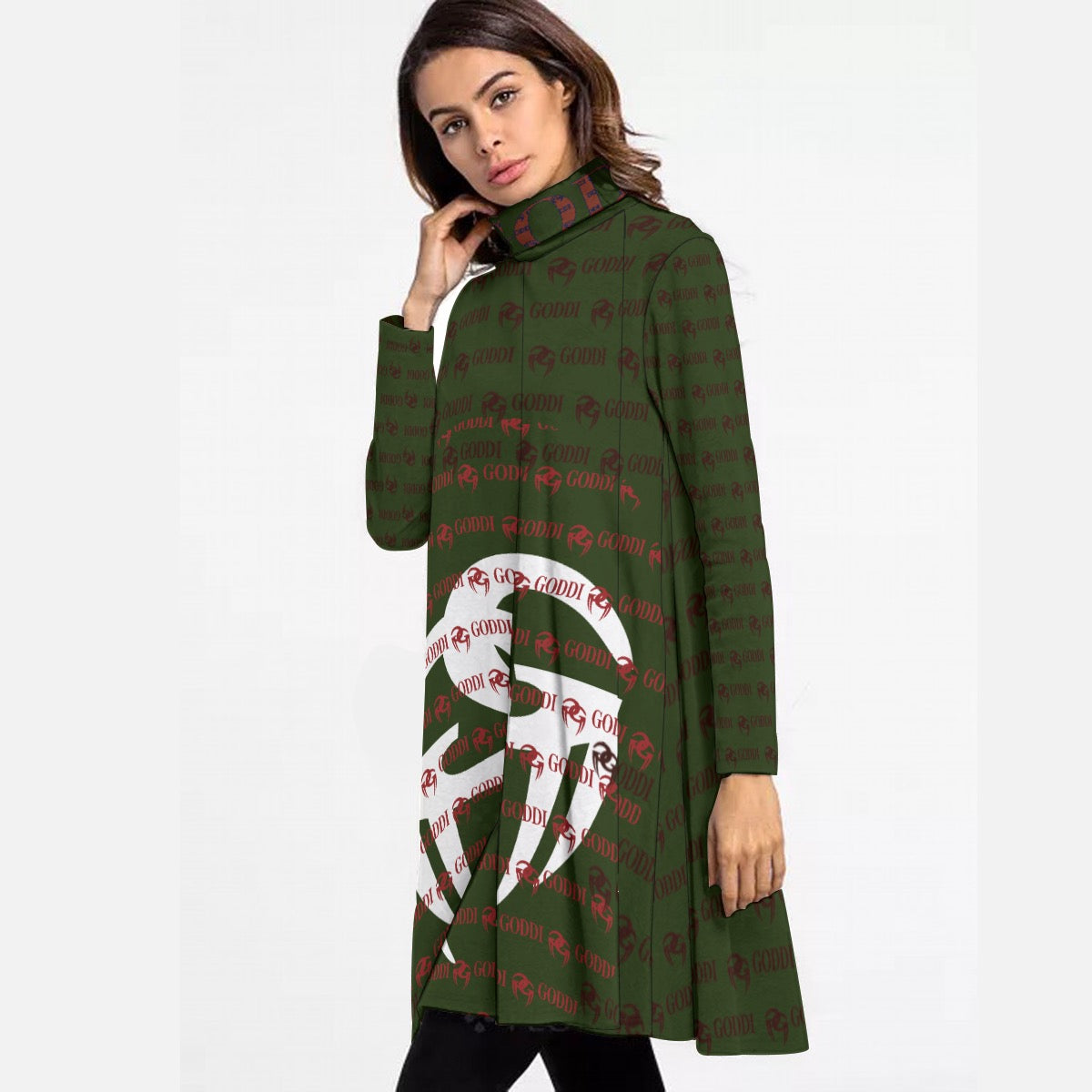 GODDI Overprint High Neck Long Sleeve Women's Short Dress