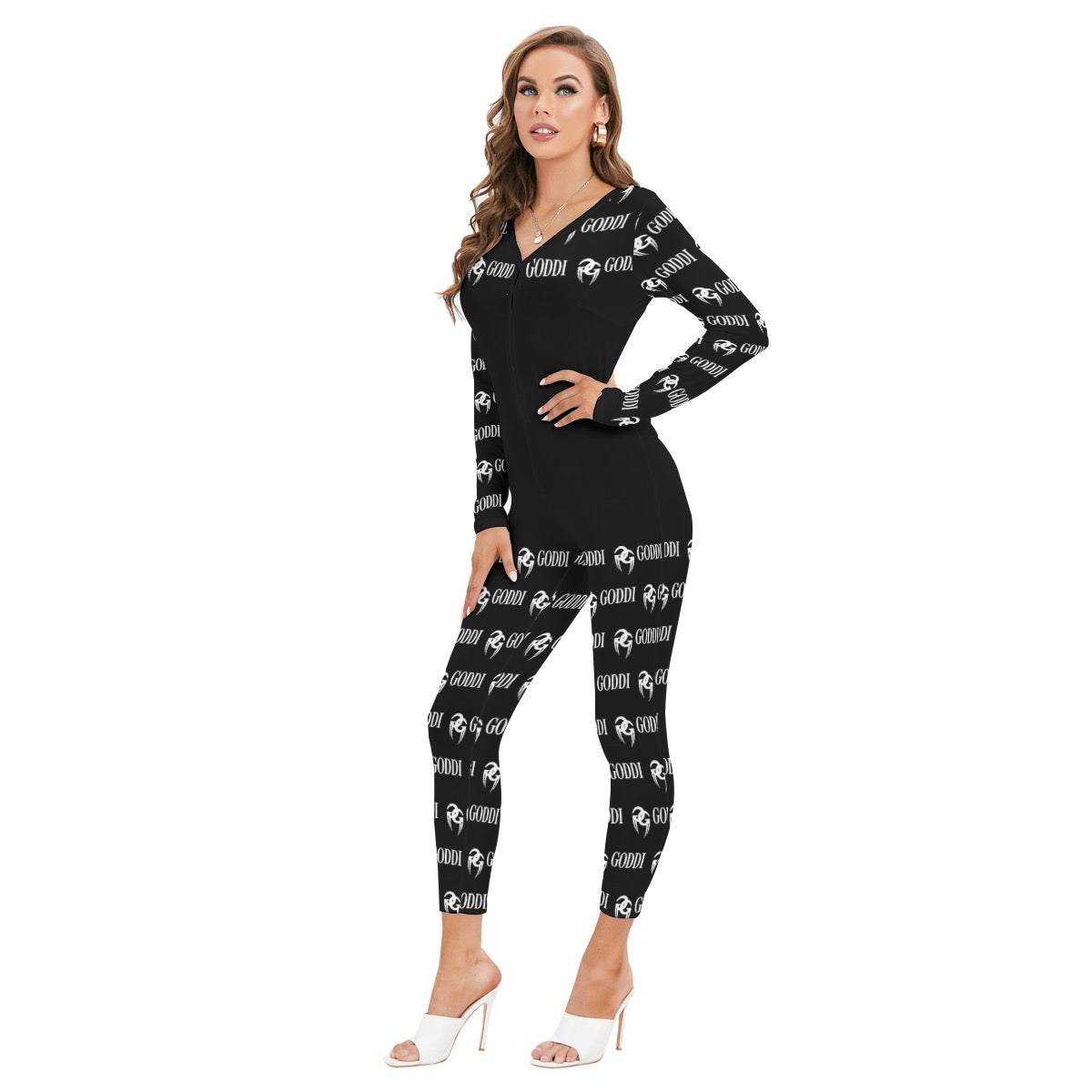 GODDI GG Print Revealing Neckline Jumpsuit - Black