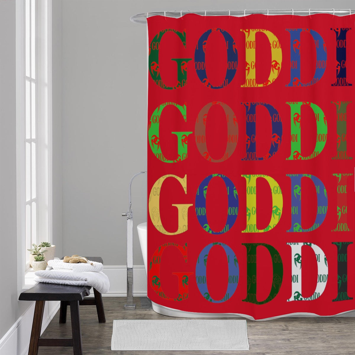 GODDI Luxury Texts & Double G Logo With Fangs Waterproof Shower Curtain