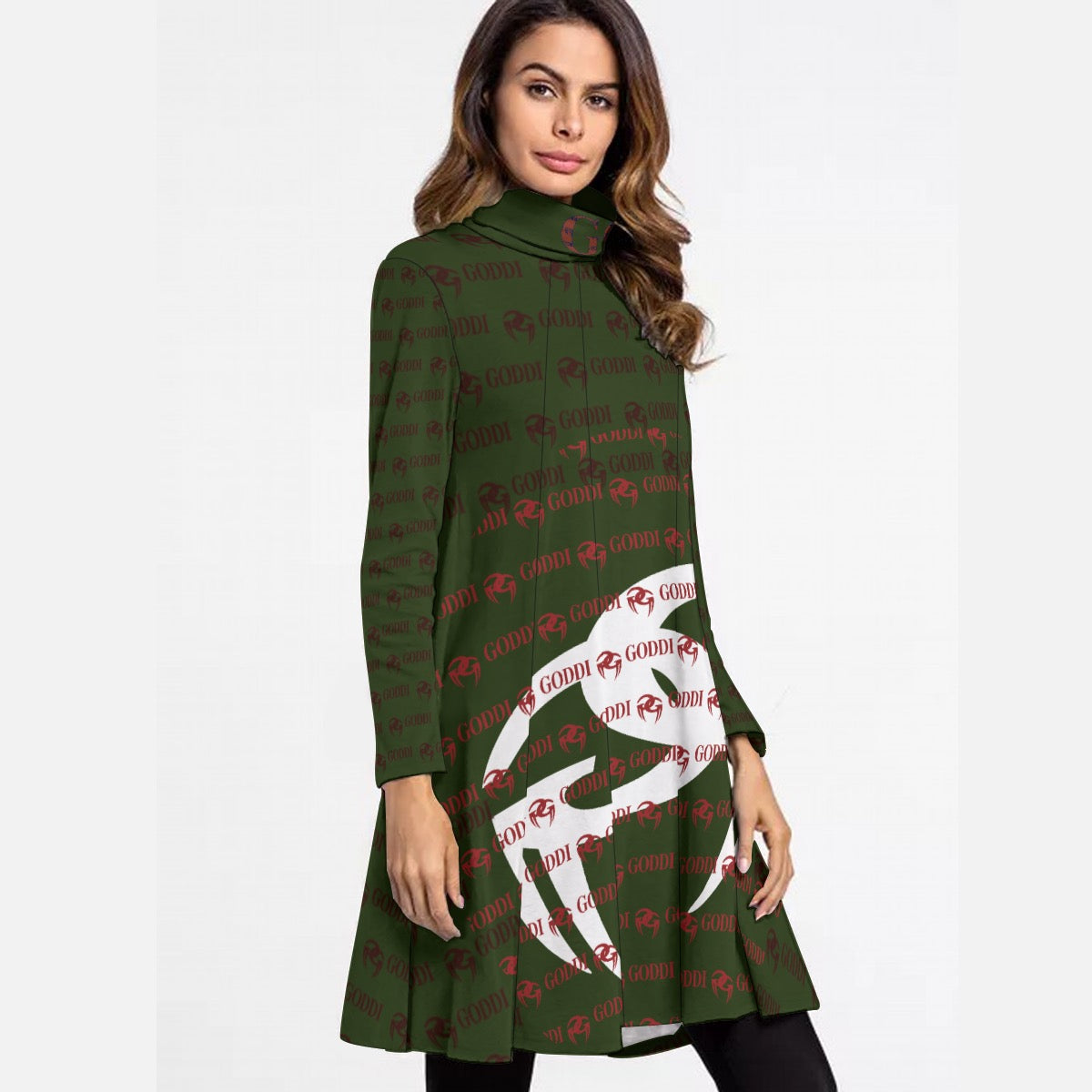 GODDI Overprint High Neck Long Sleeve Women's Short Dress