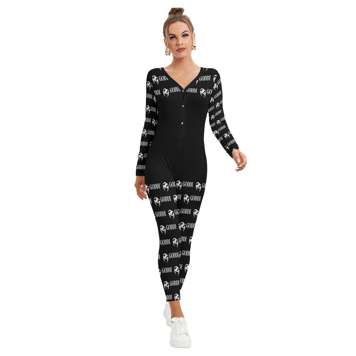 GODDI GG Print Revealing Neckline Jumpsuit - Black